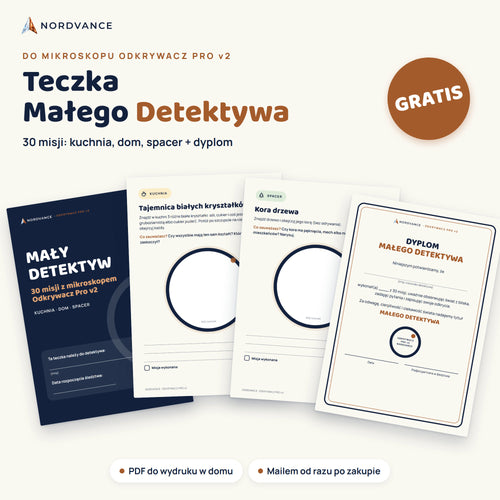 Teczka Małego Detektywa: 30 misji do wydrukowania + dyplom, gratis do mikroskopu Odkrywacz Pro v2