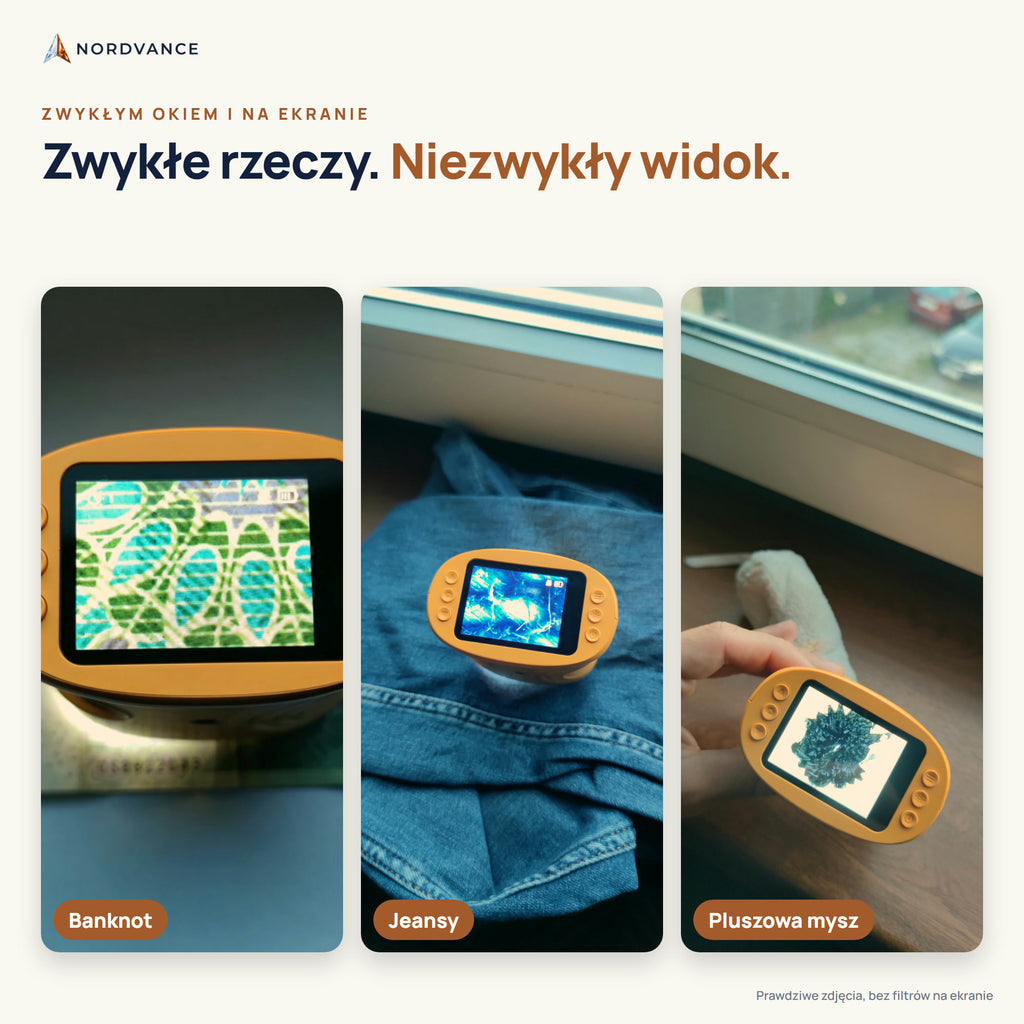 Zwykłe rzeczy na ekranie mikroskopu: banknot, jeansy, pluszowa mysz
