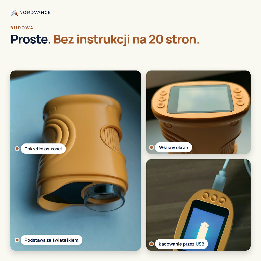 Budowa mikroskopu: ekran, pokrętło ostrości, podświetlana podstawa, ładowanie przez USB